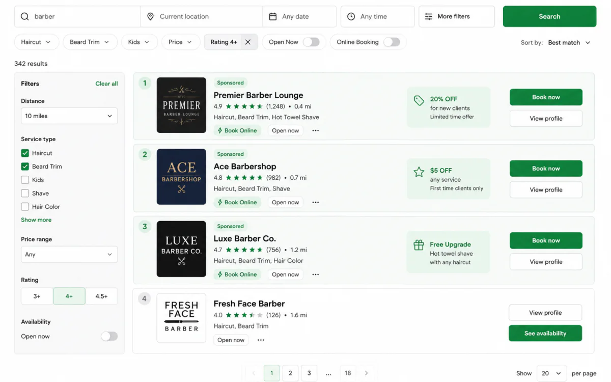 Illustrative marketplace results placing Fresh Face Barber beneath sponsored alternatives