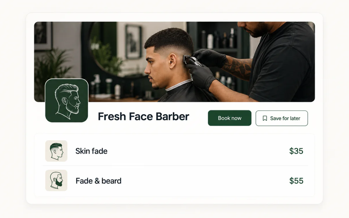 Illustrative Fresh Face Barber page with direct booking and save actions