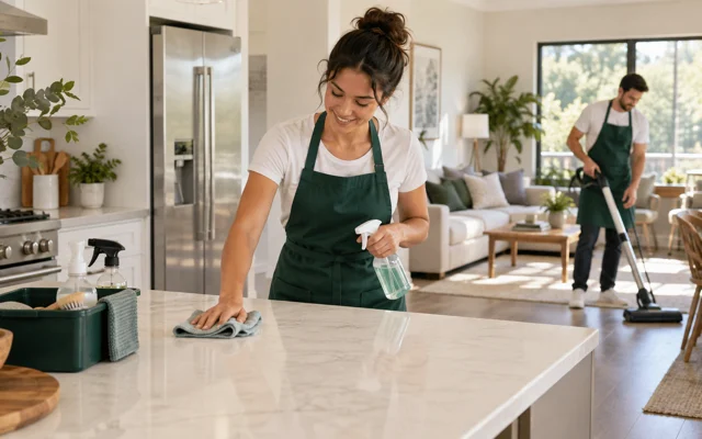 Professional cleaning team preparing a bright home for a residential service