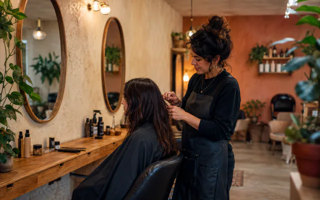 Stylist working with a client in a warm neighborhood hair studio