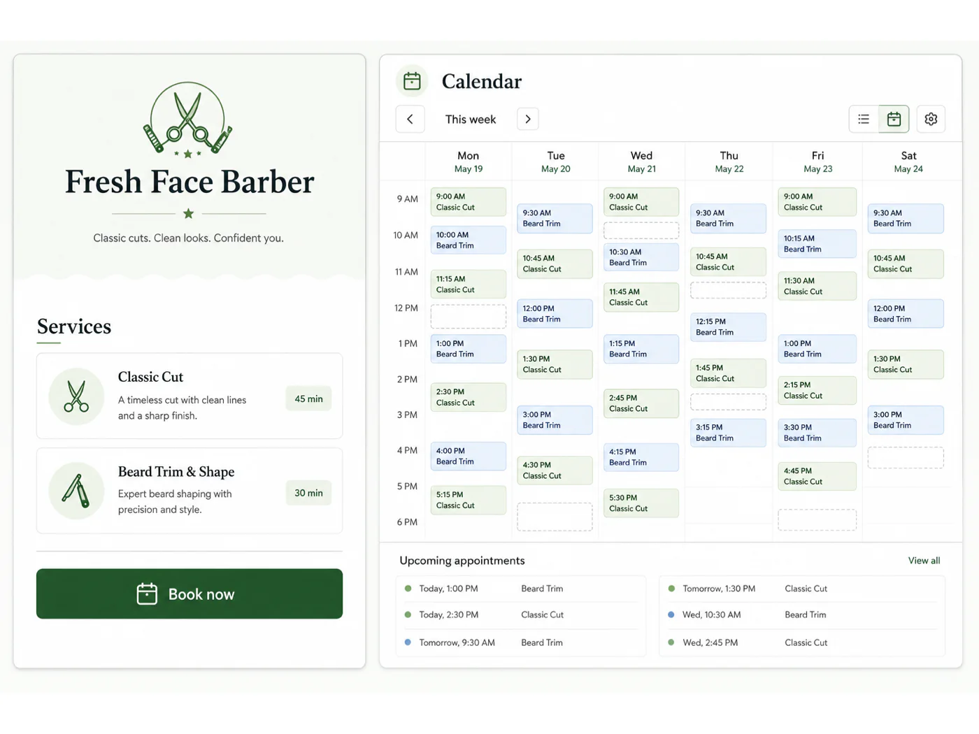 Illustrative Fresh Face Barber page beside a populated weekly booking calendar using synthetic appointments
